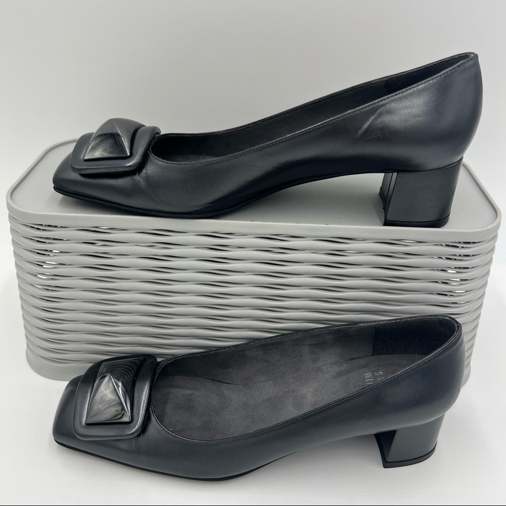 Stuart Weitzman Black Leather Block Heel Pumps with Decorative Buckle